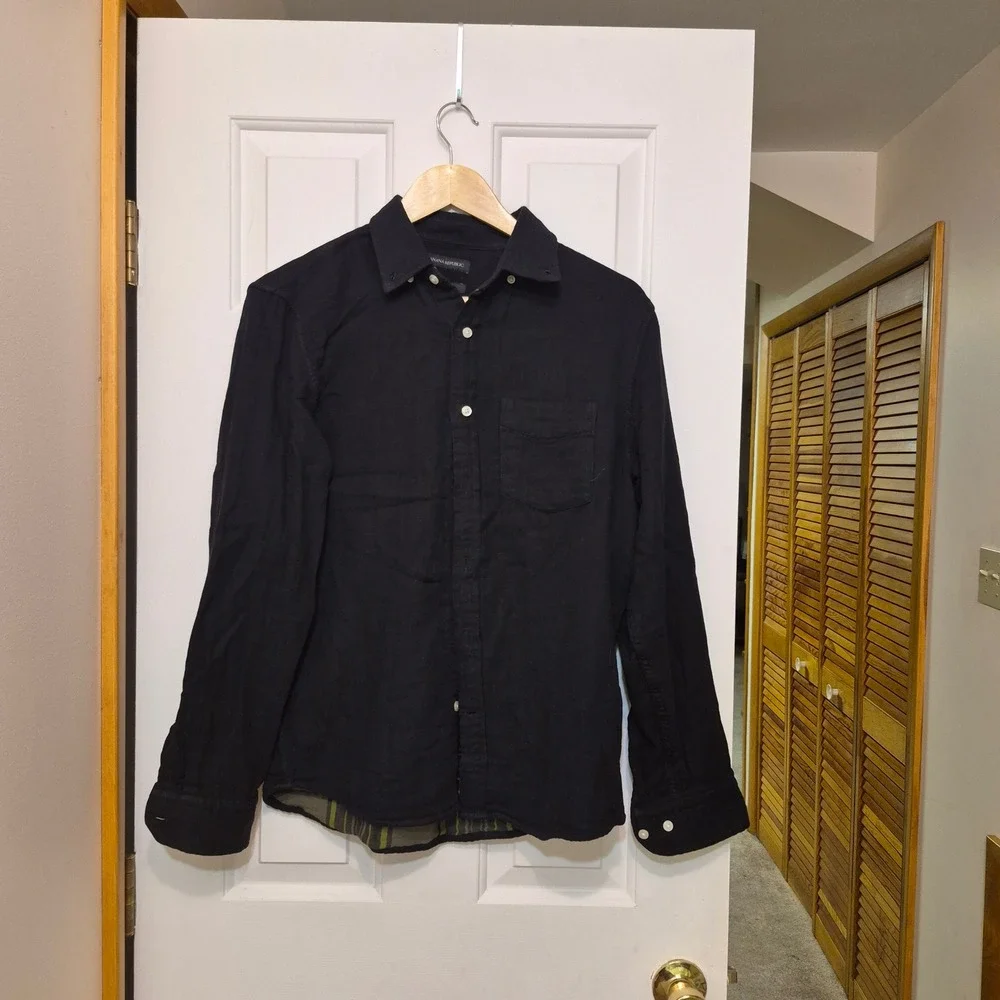 Banana Republic Mens Untucked Slim Fit Black Flannel Button Down Shirt Medium